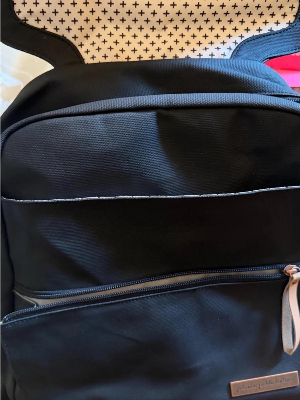 Petunia Pickle Bottom Meta Black Diaper Backpack with Tan Trim
